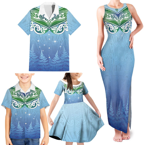 Aotearoa New Zealand New Year Family Matching Tank Maxi Dress and Hawaiian Shirt Maori Motifs with Silver Fern and Matariki Stars
