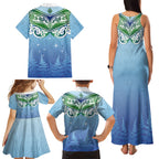 Aotearoa New Zealand New Year Family Matching Tank Maxi Dress and Hawaiian Shirt Maori Motifs with Silver Fern and Matariki Stars