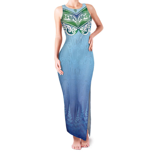 Aotearoa New Zealand New Year Family Matching Tank Maxi Dress and Hawaiian Shirt Maori Motifs with Silver Fern and Matariki Stars