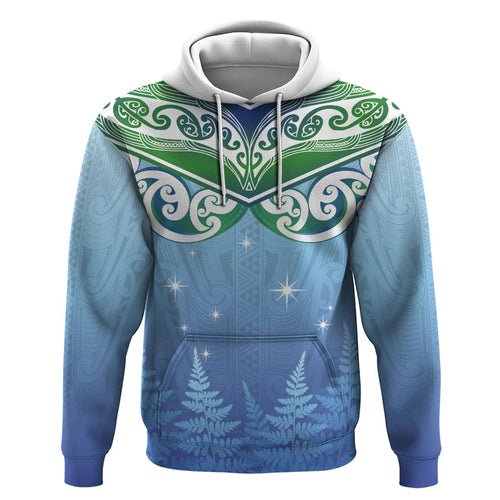 Aotearoa New Zealand New Year Hoodie Maori Motifs with Silver Fern and Matariki Stars