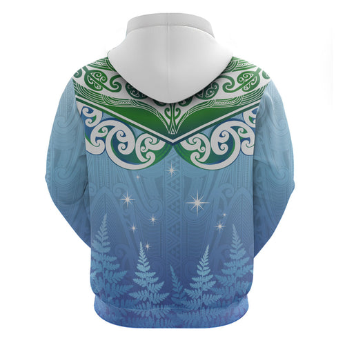 Aotearoa New Zealand New Year Hoodie Maori Motifs with Silver Fern and Matariki Stars
