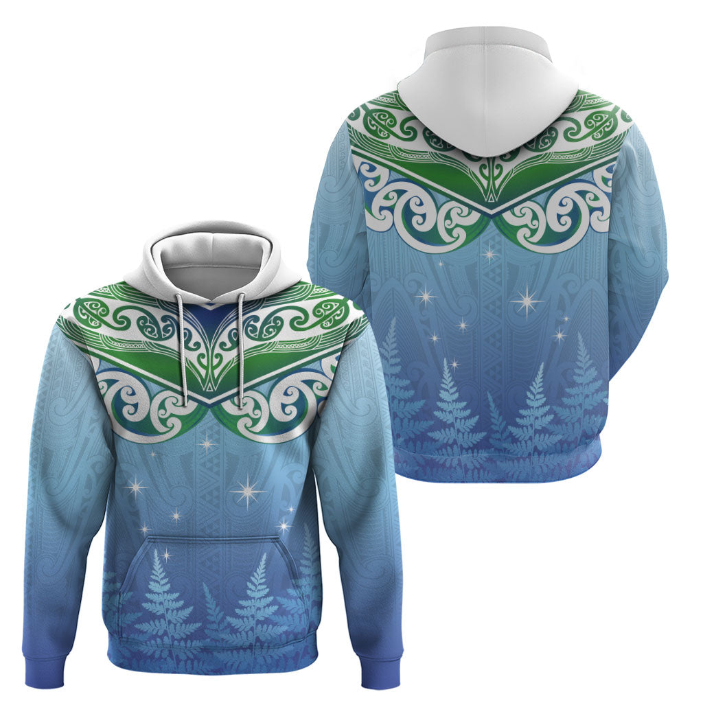 Aotearoa New Zealand New Year Hoodie Maori Motifs with Silver Fern and Matariki Stars
