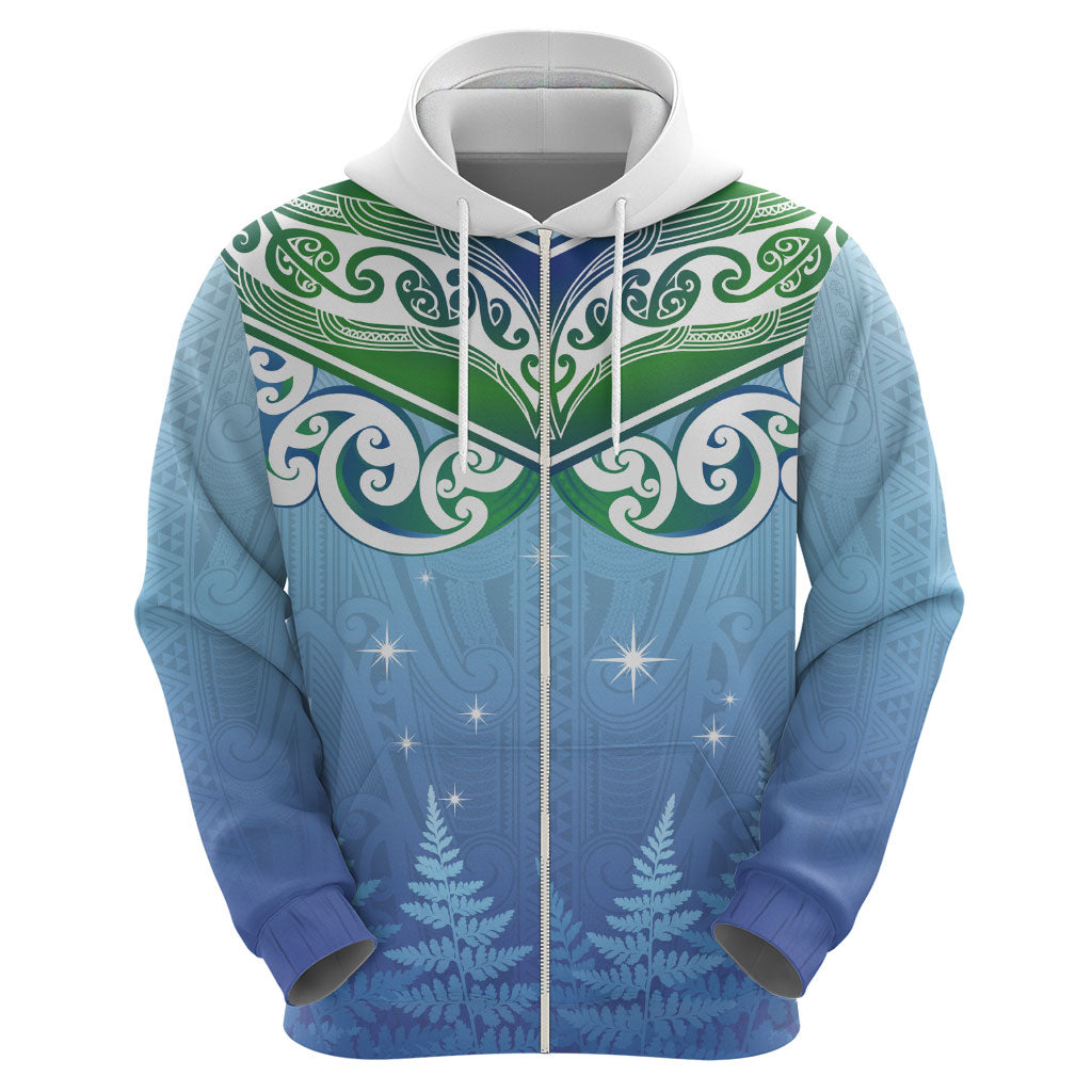 Aotearoa New Zealand New Year Hoodie Maori Motifs with Silver Fern and Matariki Stars