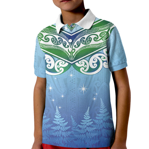 Aotearoa New Zealand New Year Kid Polo Shirt Maori Motifs with Silver Fern and Matariki Stars