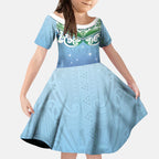 Aotearoa New Zealand New Year Kid Short Sleeve Dress Maori Motifs with Silver Fern and Matariki Stars
