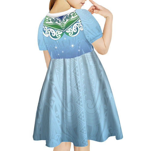 Aotearoa New Zealand New Year Kid Short Sleeve Dress Maori Motifs with Silver Fern and Matariki Stars