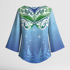 Aotearoa New Zealand New Year Kimono Sleeve Blouse Maori Motifs with Silver Fern and Matariki Stars