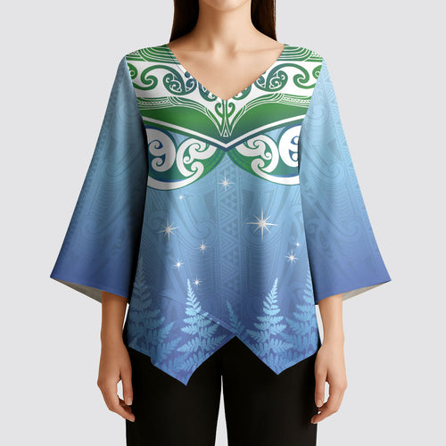 Aotearoa New Zealand New Year Kimono Sleeve Blouse Maori Motifs with Silver Fern and Matariki Stars
