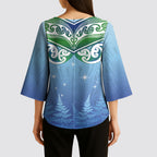 Aotearoa New Zealand New Year Kimono Sleeve Blouse Maori Motifs with Silver Fern and Matariki Stars