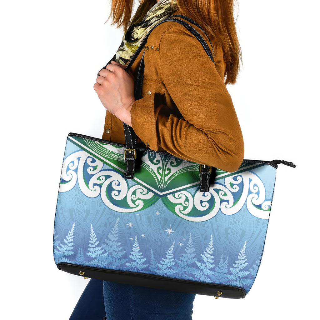 Aotearoa New Zealand New Year Leather Tote Bag Maori Motifs with Silver Fern and Matariki Stars