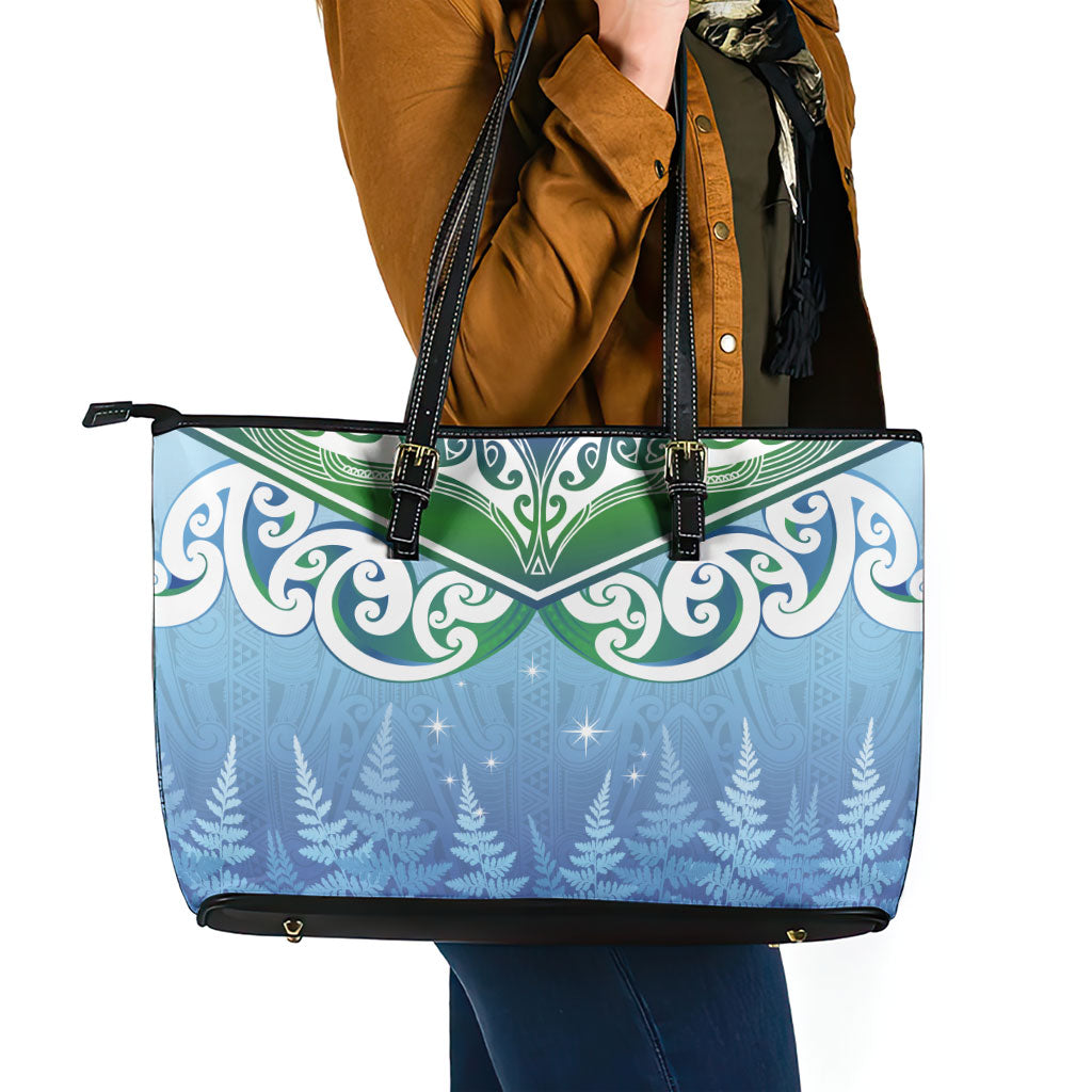Aotearoa New Zealand New Year Leather Tote Bag Maori Motifs with Silver Fern and Matariki Stars
