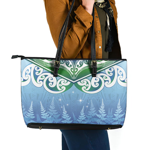 Aotearoa New Zealand New Year Leather Tote Bag Maori Motifs with Silver Fern and Matariki Stars