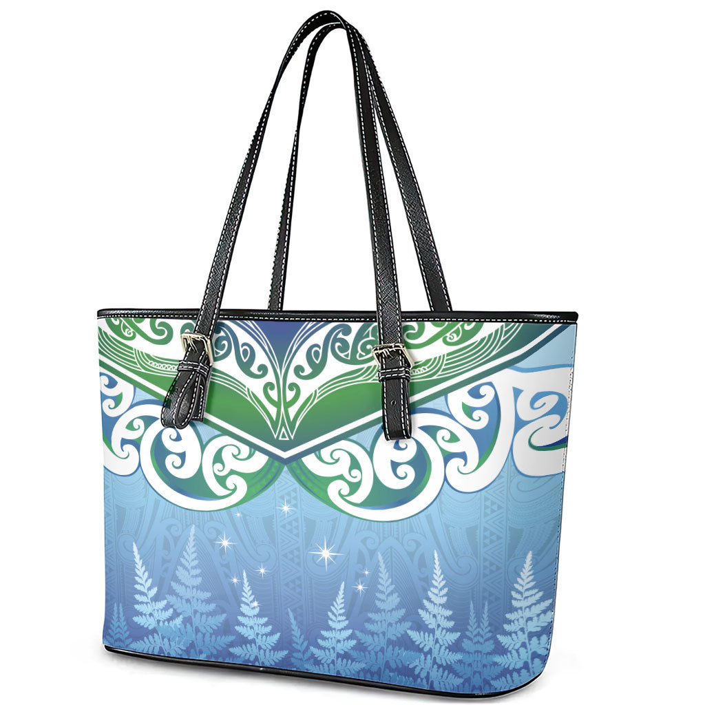 Aotearoa New Zealand New Year Leather Tote Bag Maori Motifs with Silver Fern and Matariki Stars