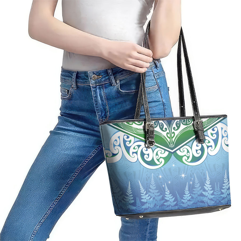 Aotearoa New Zealand New Year Leather Tote Bag Maori Motifs with Silver Fern and Matariki Stars