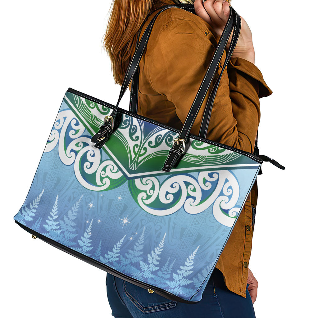 Aotearoa New Zealand New Year Leather Tote Bag Maori Motifs with Silver Fern and Matariki Stars