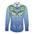 Aotearoa New Zealand New Year Long Sleeve Button Shirt Maori Motifs with Silver Fern and Matariki Stars