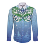 Aotearoa New Zealand New Year Long Sleeve Button Shirt Maori Motifs with Silver Fern and Matariki Stars