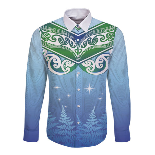 Aotearoa New Zealand New Year Long Sleeve Button Shirt Maori Motifs with Silver Fern and Matariki Stars