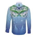 Aotearoa New Zealand New Year Long Sleeve Button Shirt Maori Motifs with Silver Fern and Matariki Stars