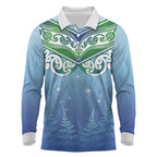 Aotearoa New Zealand New Year Long Sleeve Polo Shirt Maori Motifs with Silver Fern and Matariki Stars