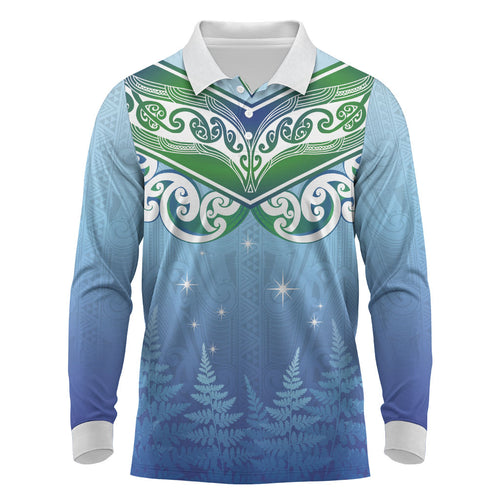 Aotearoa New Zealand New Year Long Sleeve Polo Shirt Maori Motifs with Silver Fern and Matariki Stars