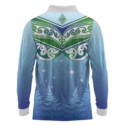 Aotearoa New Zealand New Year Long Sleeve Polo Shirt Maori Motifs with Silver Fern and Matariki Stars