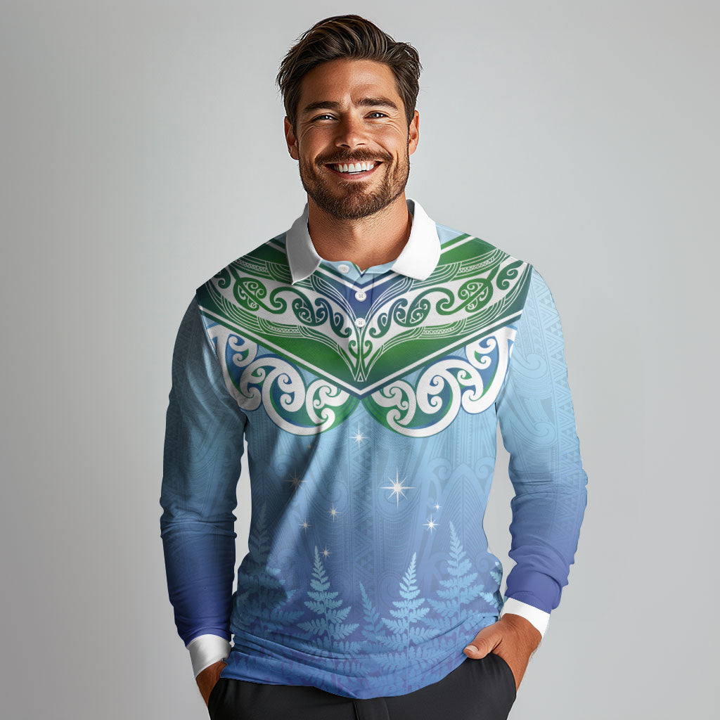 Aotearoa New Zealand New Year Long Sleeve Polo Shirt Maori Motifs with Silver Fern and Matariki Stars