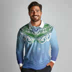 Aotearoa New Zealand New Year Long Sleeve Polo Shirt Maori Motifs with Silver Fern and Matariki Stars
