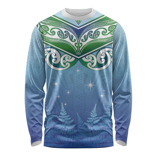 Aotearoa New Zealand New Year Long Sleeve Shirt Maori Motifs with Silver Fern and Matariki Stars