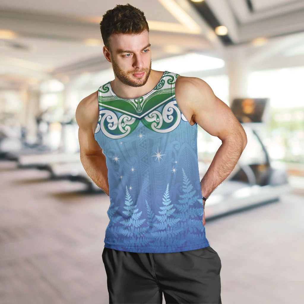 Aotearoa New Zealand New Year Men Tank Top Maori Motifs with Silver Fern and Matariki Stars