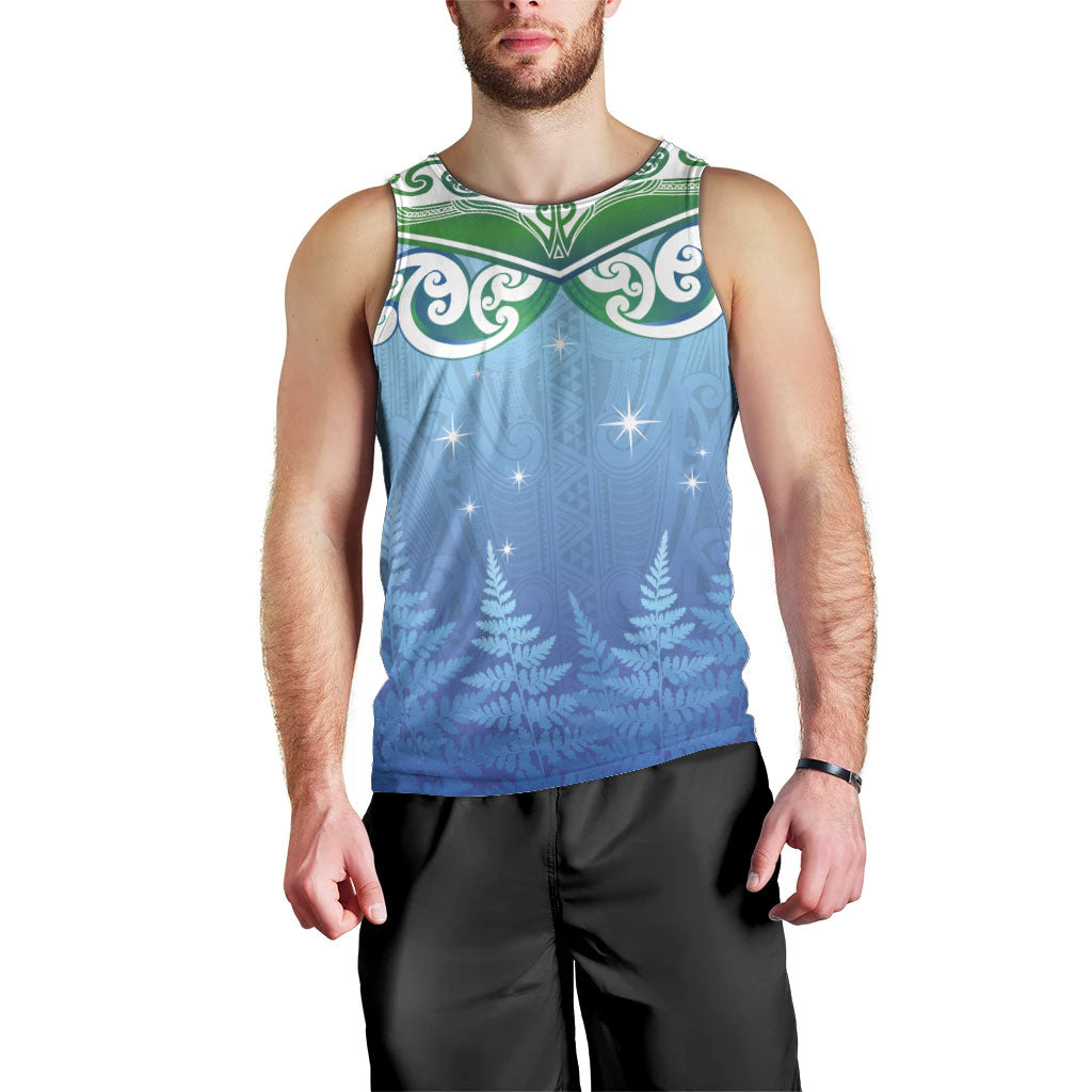 Aotearoa New Zealand New Year Men Tank Top Maori Motifs with Silver Fern and Matariki Stars