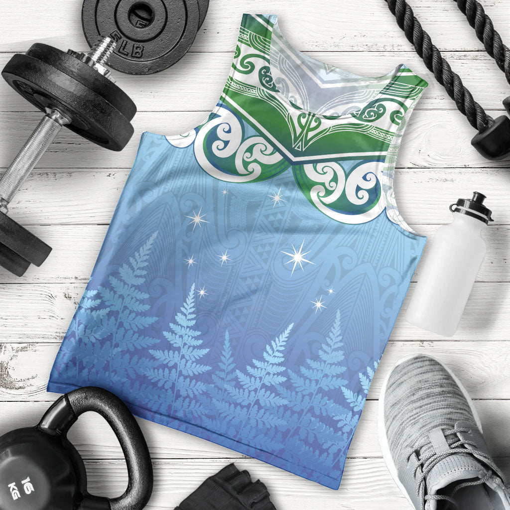Aotearoa New Zealand New Year Men Tank Top Maori Motifs with Silver Fern and Matariki Stars