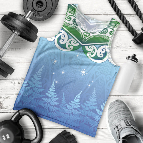 Aotearoa New Zealand New Year Men Tank Top Maori Motifs with Silver Fern and Matariki Stars