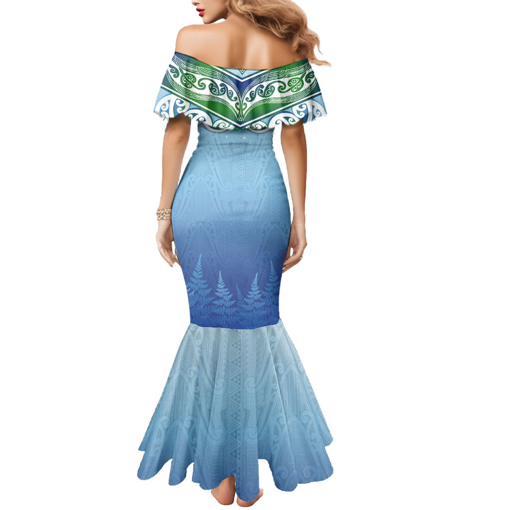 Aotearoa New Zealand New Year Mermaid Dress Maori Motifs with Silver Fern and Matariki Stars