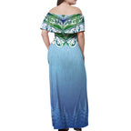 Aotearoa New Zealand New Year Off Shoulder Maxi Dress Maori Motifs with Silver Fern and Matariki Stars