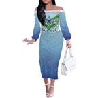 Aotearoa New Zealand New Year Off The Shoulder Long Sleeve Dress Maori Motifs with Silver Fern and Matariki Stars
