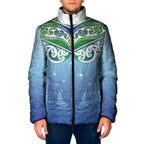 Aotearoa New Zealand New Year Padded Jacket Maori Motifs with Silver Fern and Matariki Stars