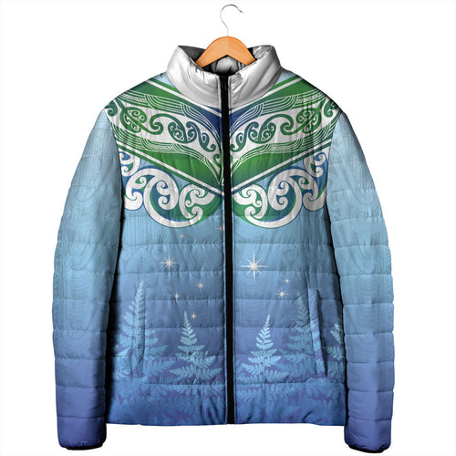 Aotearoa New Zealand New Year Padded Jacket Maori Motifs with Silver Fern and Matariki Stars