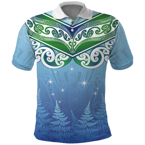 Aotearoa New Zealand New Year Polo Shirt Maori Motifs with Silver Fern and Matariki Stars