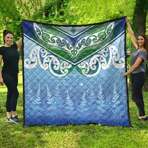 Aotearoa New Zealand New Year Quilt Maori Motifs with Silver Fern and Matariki Stars