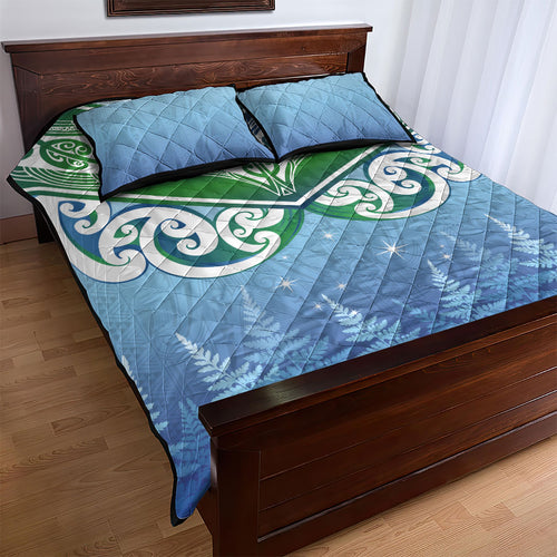 Aotearoa New Zealand New Year Quilt Bed Set Maori Motifs with Silver Fern and Matariki Stars