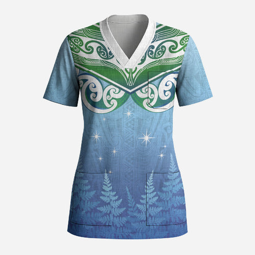 Aotearoa New Zealand New Year Scrub Top Maori Motifs with Silver Fern and Matariki Stars