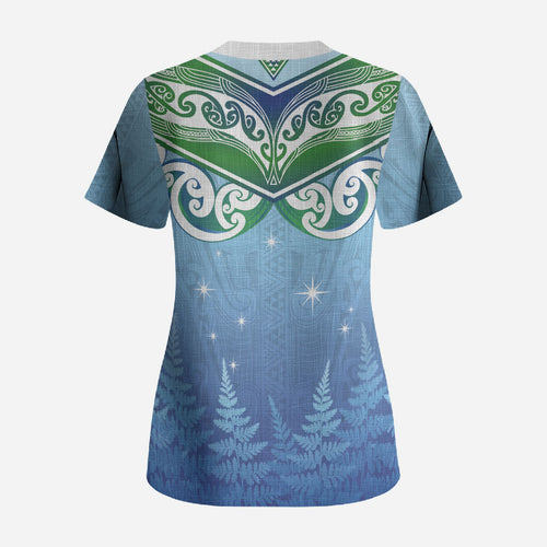 Aotearoa New Zealand New Year Scrub Top Maori Motifs with Silver Fern and Matariki Stars