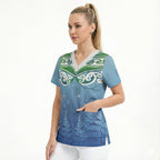Aotearoa New Zealand New Year Scrub Top Maori Motifs with Silver Fern and Matariki Stars