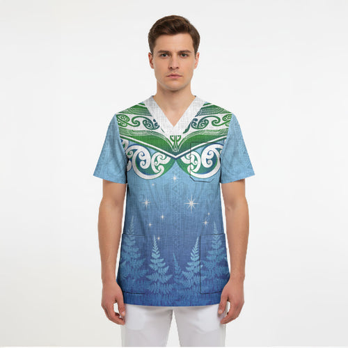 Aotearoa New Zealand New Year Scrub Top Maori Motifs with Silver Fern and Matariki Stars