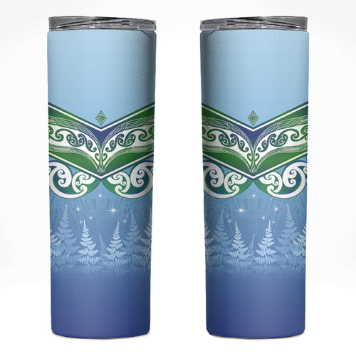 Aotearoa New Zealand New Year Skinny Tumbler Maori Motifs with Silver Fern and Matariki Stars