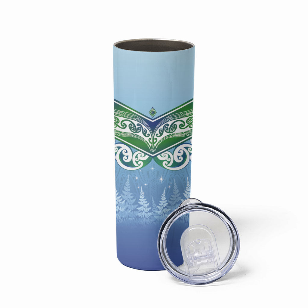 Aotearoa New Zealand New Year Skinny Tumbler Maori Motifs with Silver Fern and Matariki Stars