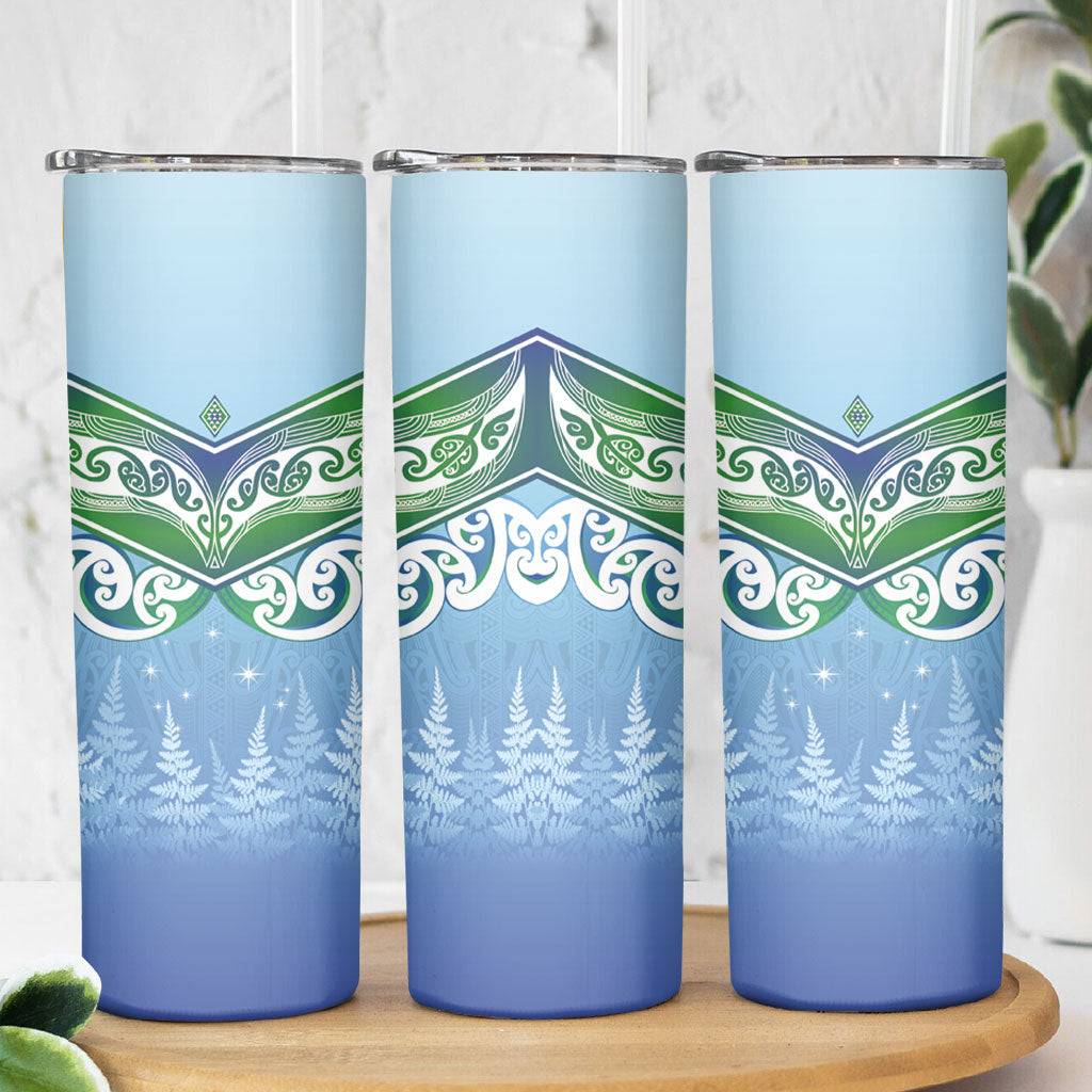 Aotearoa New Zealand New Year Skinny Tumbler Maori Motifs with Silver Fern and Matariki Stars