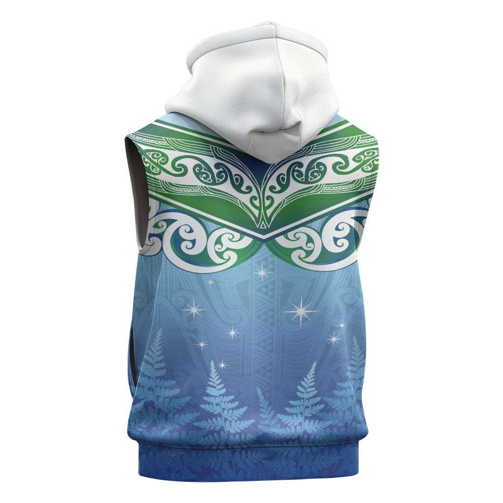 Aotearoa New Zealand New Year Sleeveless Hoodie Maori Motifs with Silver Fern and Matariki Stars