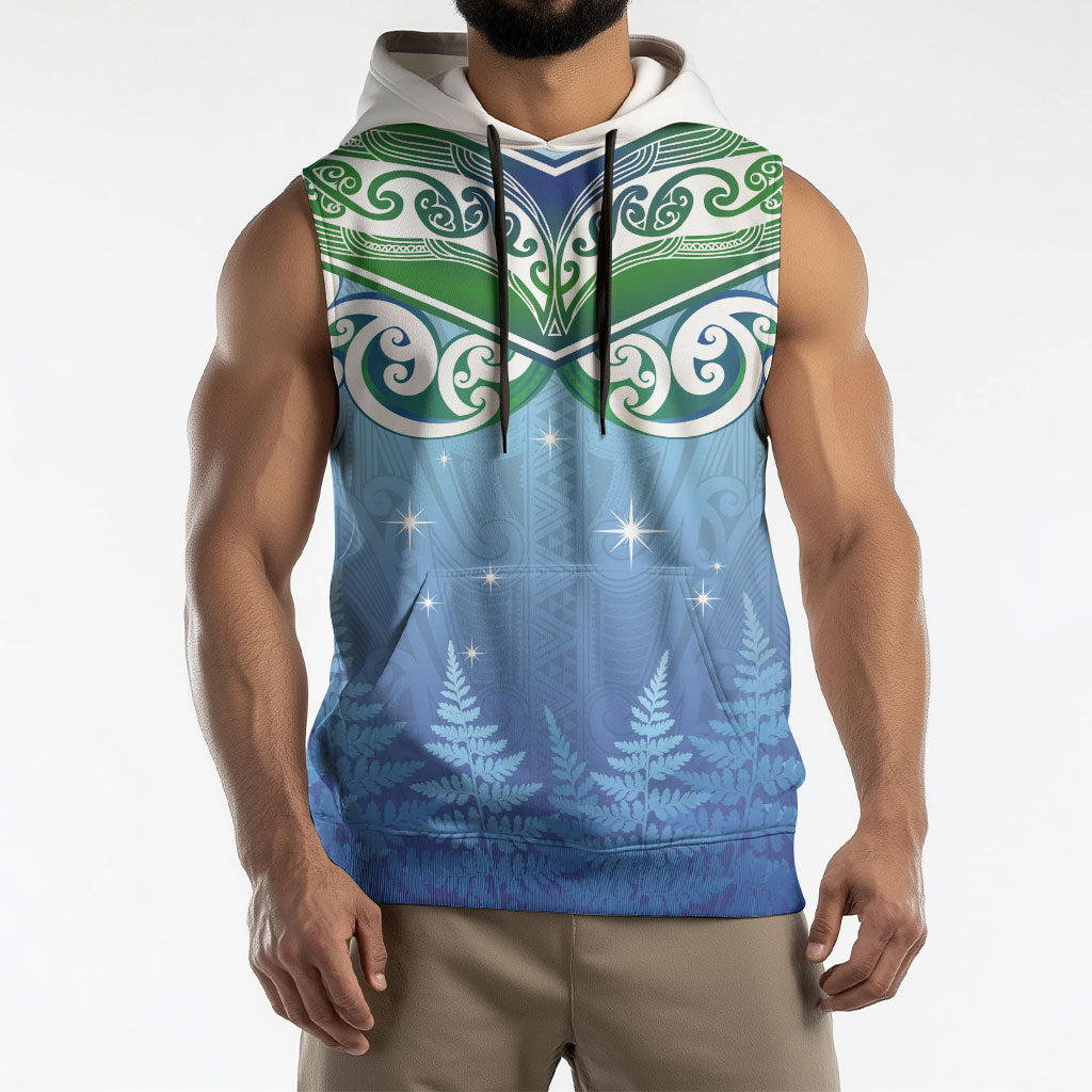 Aotearoa New Zealand New Year Sleeveless Hoodie Maori Motifs with Silver Fern and Matariki Stars